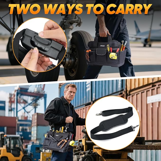 TICONN Heavy Duty Tool Bag with Multi-Pockets, Portable Tool Box Organizer Storage Bag, with Adjustable Shoulder Strap and Ergonomic Handle (Black, 14" Molded Base)