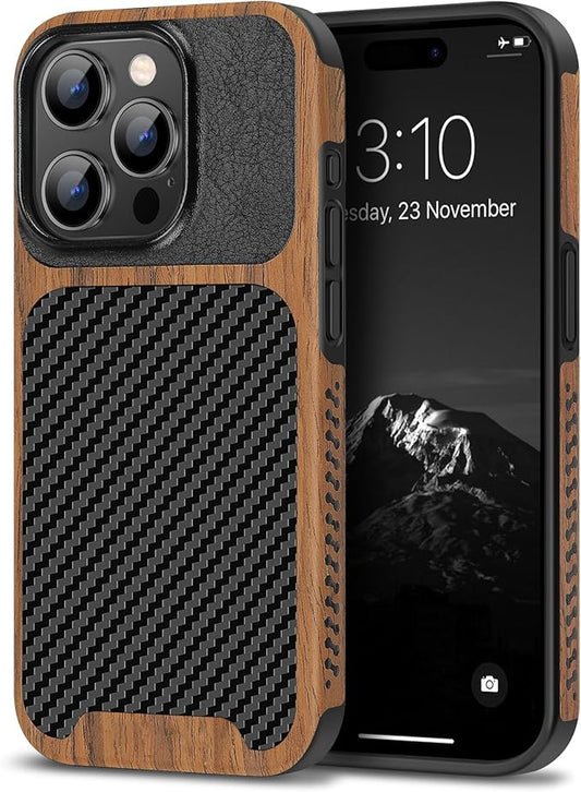 TENDLIN Compatible with iPhone 15 Pro Case Wood Grain with Carbon Fiber Texture Design Leather Hybrid Slim Case (Black)