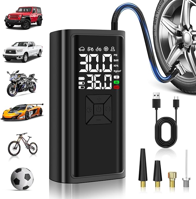 Tire Inflator Portable Air Compressor, 150 PSI Air Pump For Car Tires with Digital Pressure Gauge, Cordless Pump with LED Light and Auto Shut-Off Function, Suit for Car,Motorcycle,Bicycle,Balls & More