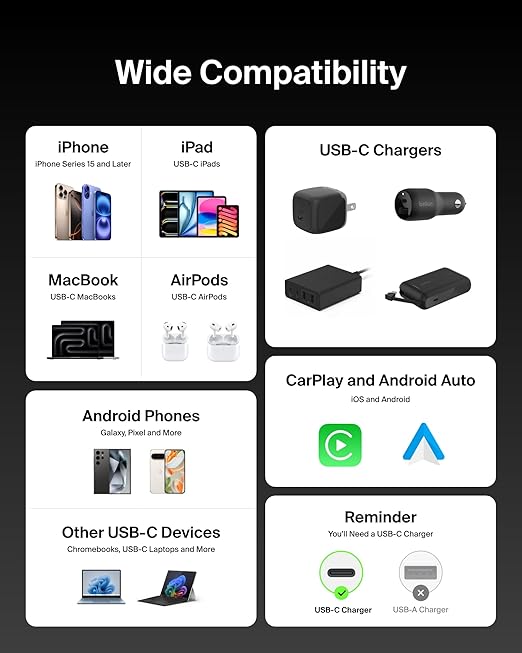 Belkin USB C to USB C Cable, 6.6ft, 240W - Type C Charger, iPhone Charger Cord, Soft, Braided, Flexible for iPhone 16, Galaxy S25, Pixel 9, MacBook, Chromebook, iPad Pro, Switch Steam Deck – Black