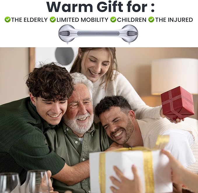 LEVERLOC Grab Bars for Bathtubs and Showers, Shower Handle 17 Inch Strong Suction Bath Handrails, Safety Grip for Bathroom Chair, Bathroom Grab Bar for Senior No Drilling Waterproof,Silver