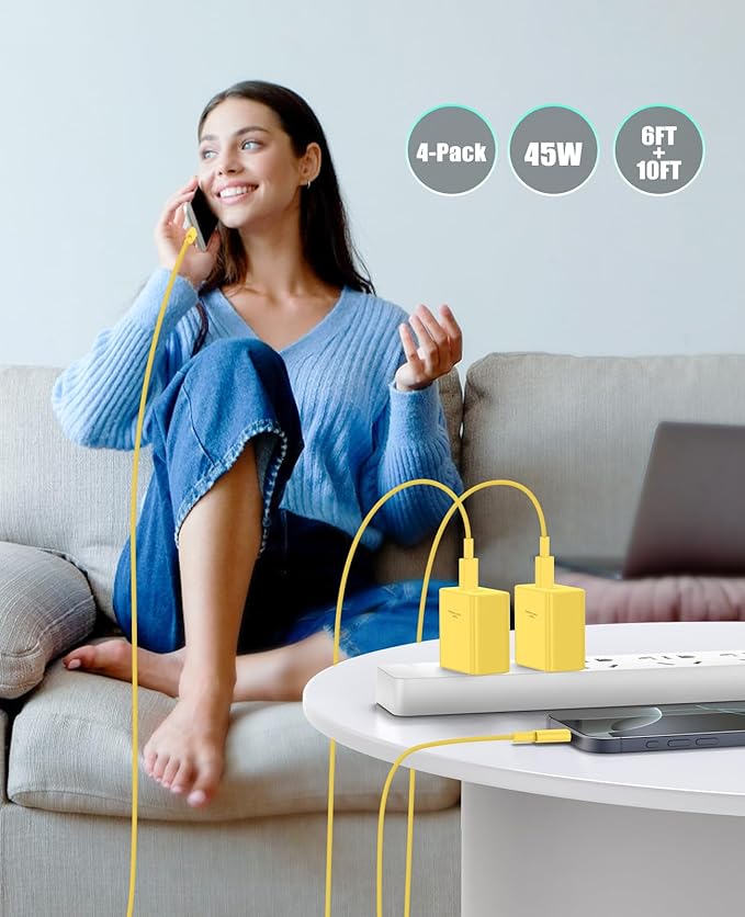 2 Pack 45W Super Fast Charger Type C for Samsung, USB C Android Phone Charger Fast Charging Block with 6FT/10FT Type C Charger Cord for Samsung Galaxy S25/S24/S23/S22+ Ultra/iPhone 17/16/15-Yellow