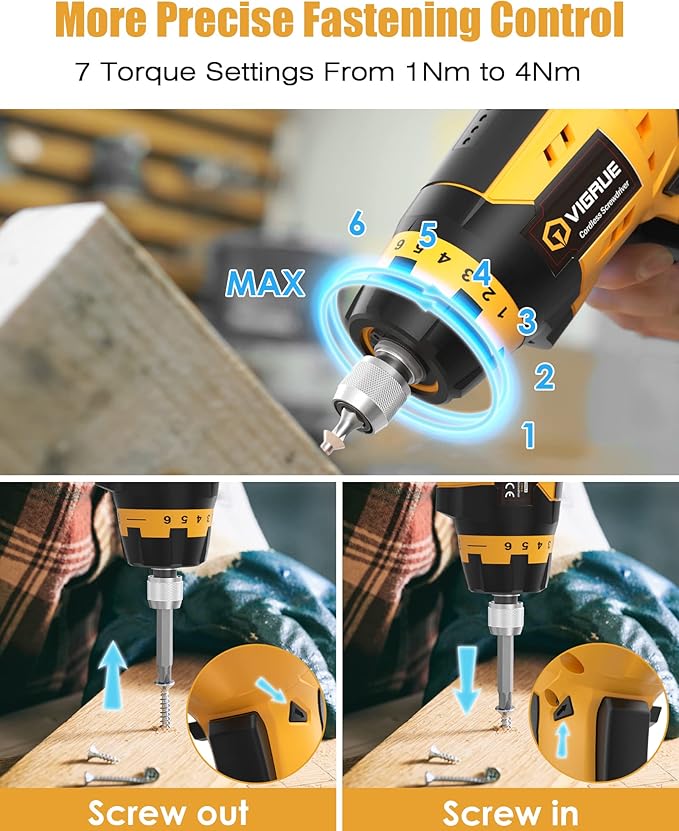 VIGRUE Cordless Screwdriver Set, Rechargeable Electric Screwdriver with 45 Free Accessories, Battery Indicator, 7 Torque Setting, 2 Position Handle with LED Light, Flexible Shaft