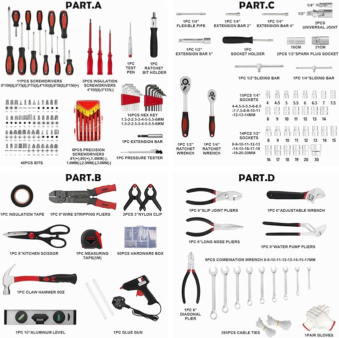 810 Pcs Tool Set Case Mechanics Kit Box Organize Castors Toolbox Trolley + Free Glove