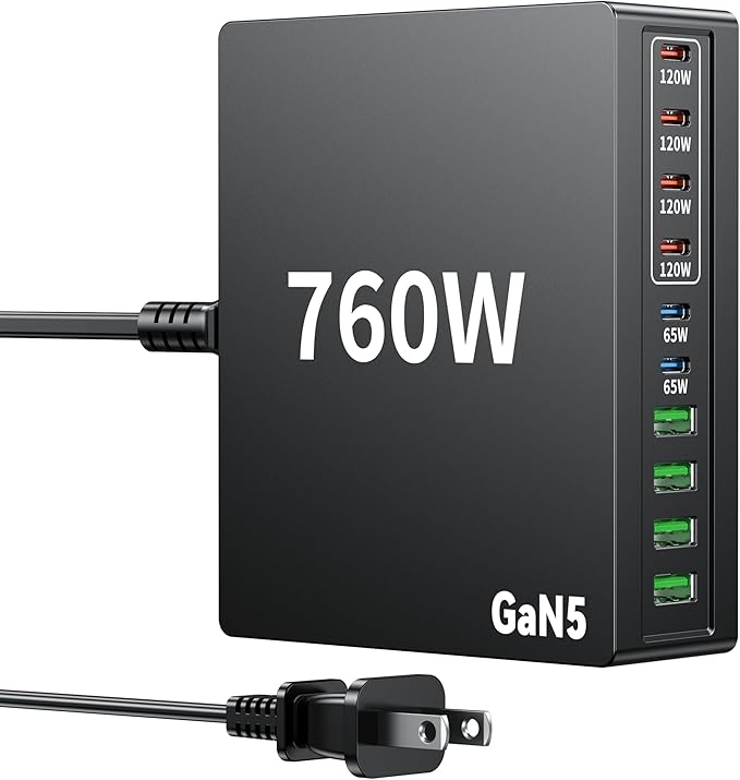 760W USB C Charger Block, 10 Port Fast Charging Station Hub Brick PD 100W MacBook Charger Compatible with iPhone 16 15/14/13/Pro DELL HP MacBook Pro/Air/All iPad Max/Samsung Galaxy Note