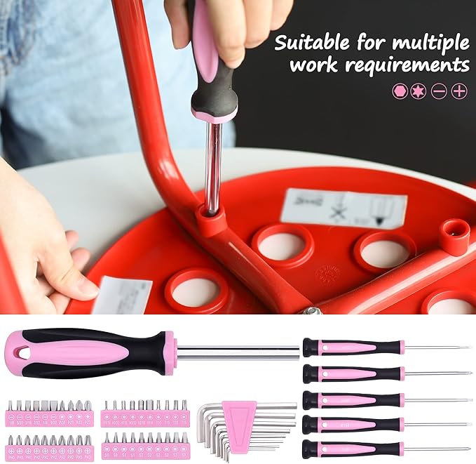 TOPLINE 208-Piece Pink Tool Kits for Women with Round Pouch, Small Tools Kit for Apartment, Home, Household Ladies Pink Tool Set for Best Gifts and Home Maintenance
