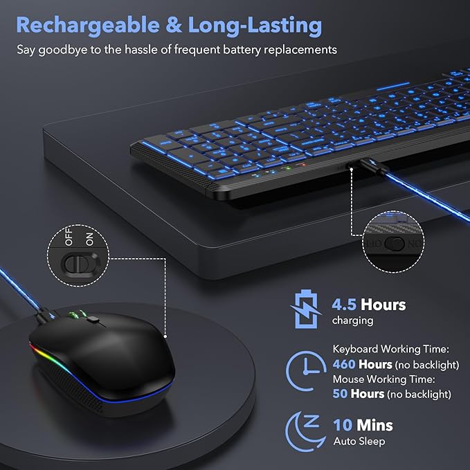 Wireless Keyboard and Mouse Bluetooth, Multi-Device Mini Keyboard, Switch up to 3 Devices, Slim Portable Travel Backlit Cordless Set, RGB Silent Mouse, for Mac, Windows, iOS, Android, Ipad - SABLUTE