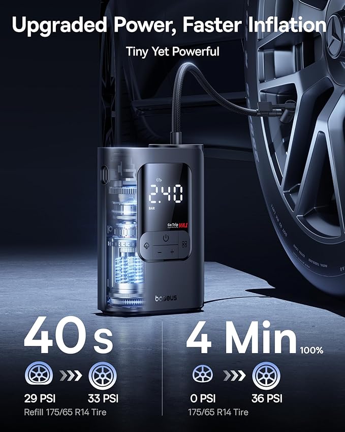 Baseus Tire Inflator Portable Air Compressor, 150PSI Cordless Air Pump for Car Tires, 2X Faster Electric Inflator with 7500 mAh Battery Capacity, LED Light Car Motorcycle Bicycle Ball, Car Accessories