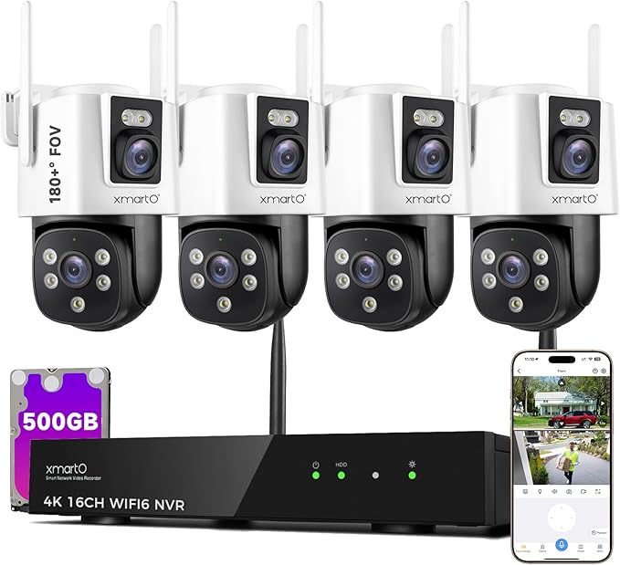 xmartO [Dual-Image Wide FOV] 16CH Security Camera System Wireless, 4-Set 2-in-1 Cameras, 4K Long Range WiFi 6 Surveillance NVR, Pan Tilt Zoom 4MP QHD Home CCTV Camera Set with 500GB, 7/24 Record