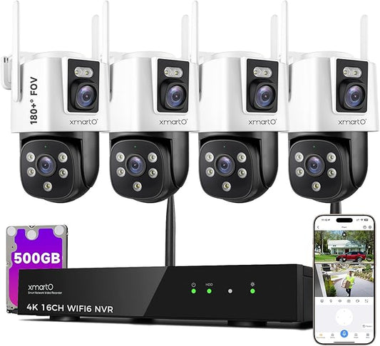 xmartO [Dual-Image Wide FOV] 16CH Security Camera System Wireless, 4-Set 2-in-1 Cameras, 4K Long Range WiFi 6 Surveillance NVR, Pan Tilt Zoom 4MP QHD Home CCTV Camera Set with 500GB, 7/24 Record