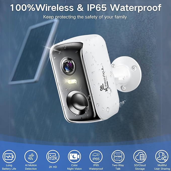 Security Cameras Wireless Outdoor,WIFI Cameras for Home Security with AI Motion Detection Spotlight Siren,Solar Panel Battery Powered Cam,2K Color Night Vision,2-Way Talk,Waterproof,Cloud/SD Storage