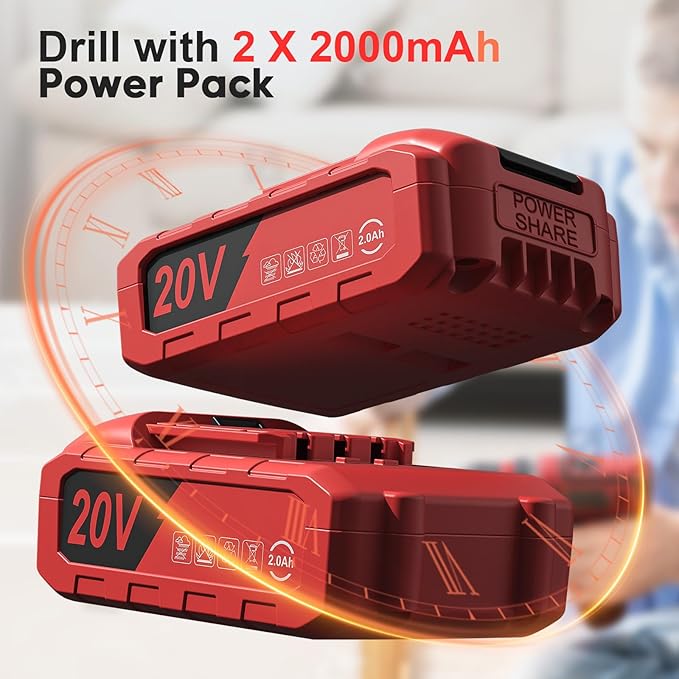 Cordless Drill, 20V Power Drill, Double 2000mAh Power Pack Electric Drills, Cordless Drills with Power Pack and Charger, 3/8" Keyless Chuck Screwdriver with 25+1 Max 370 In-lb Torque, 42Pcs Bits