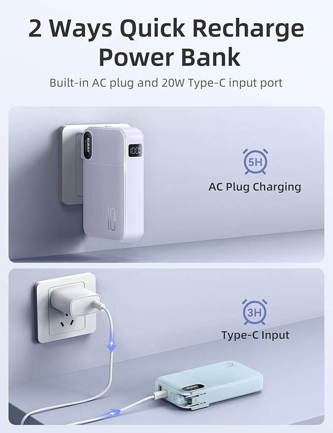 RORRY Portable Charger Built in Cables, AC Wall Plug in Portable Charger Power Bank 10000mAh Travel Battery Pack 22.5W Fast Charging for iPhone 16/15/14 Samsung Galaxy S24/S23 Pixel LG iPad, Purple