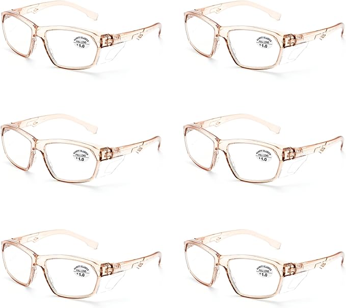 ProtectX Stylish Anti-Fog & Scratch-Resistant Safety Glasses With Readers, UV Protection Goggles, Anti-Impact Lightweight Glasses for Men＆Women Cold Brew Reading 1.0-6 Pack