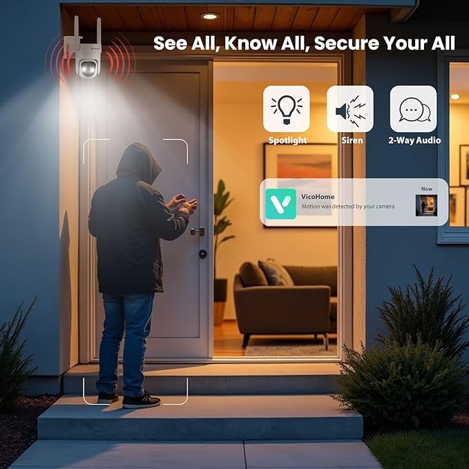 2K Solar Security Camera Wireless Outdoor, 360° View Pan/Tilt Battery Camera for Home Security, Color Night Vision, Spotlight, 2-Way Audio, PIR Motion Sensor, 2.4GHz WiFi Only, Weatherproof