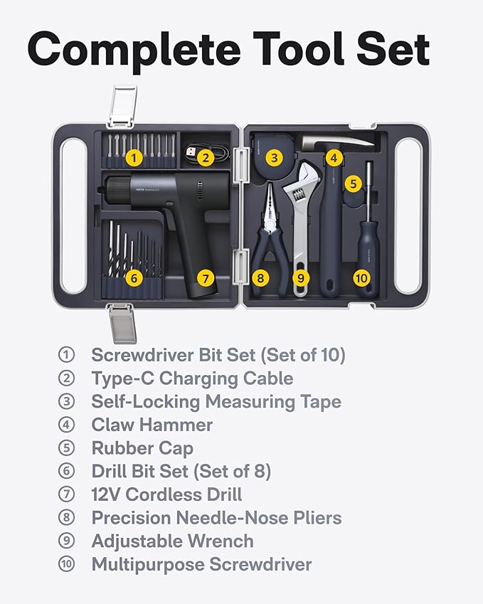 HOTO Cordless Brushless Drill Tool Set, Variable Speed, Hidden Buckle, Unique LED Screen, Intelligent Digital Display, Exquisite & Practical, High-end Drill Kit for Home/Daily Use