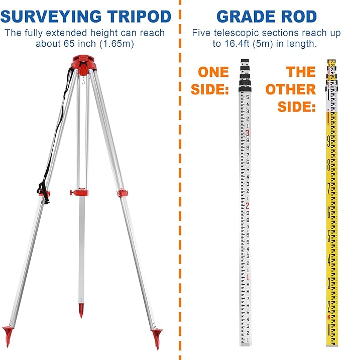 Iglobalbuy Self Leveling Rotary Laser Level System Kit with Surveying Tripod + Aluminum Grade Rod 16.4Ft, Red Beam Automatic Self-leveling Transit Laser Level Grading Rotating Lasers for Construction