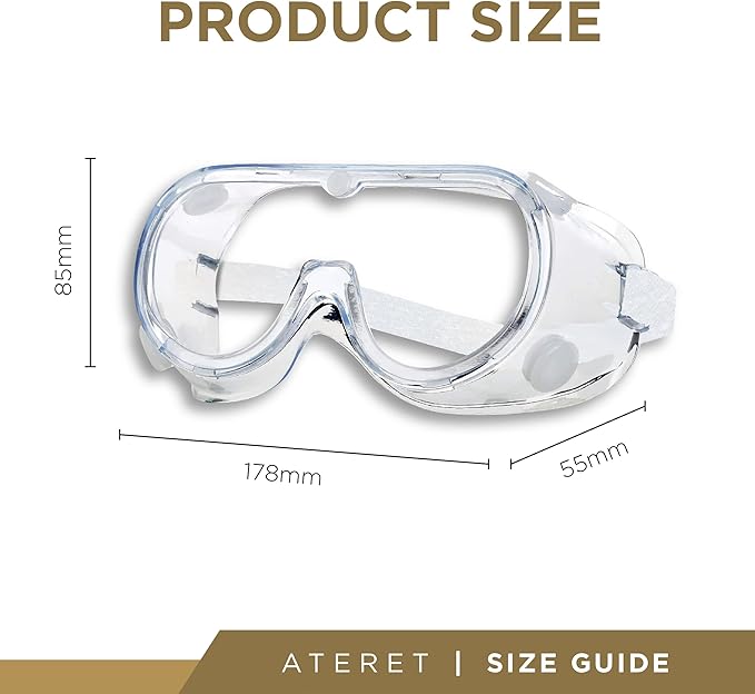 ATERET Anti-Fog Protective Safety Goggles I Lightweight Adjustable Clear Lens Eyewear I Chemical Splash Protection Eyeglass