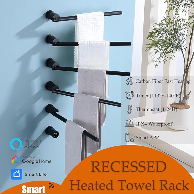 Heated Towel Rack Concealed Smart, 93W Swivel Electric Towel Warmer for Bathroom, Built-in Modular Electric Towel Rack with Timer, Thermostat, LED Display, APP, 5 Bar 180° Rotation, Hardwired, Black