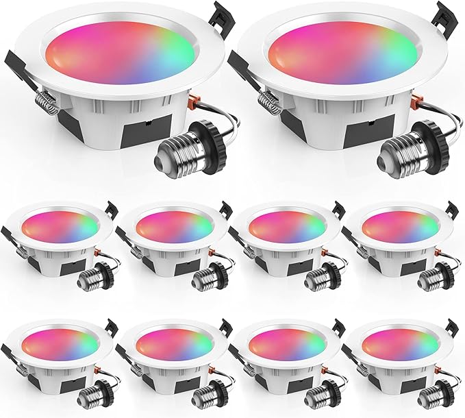 3 Inch Smart Recessed Light 10Pack, RGBCW, 2700K-6500K CCT Selectable, Dimmeble, Multicolorred Color Changing LED Downlight, New Construction or Remodel Canless Recessed Downlight
