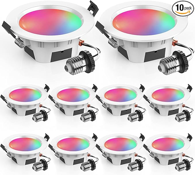 4" Smart Recessed Lighting 10 Pack, Multicolorred, Dimmable, 2700K~6500K, CRI80+, 4 Inch Color Changing Bluetooth Mesh LED Ceiling Light, RGB Canless Retrofit LED Downlight