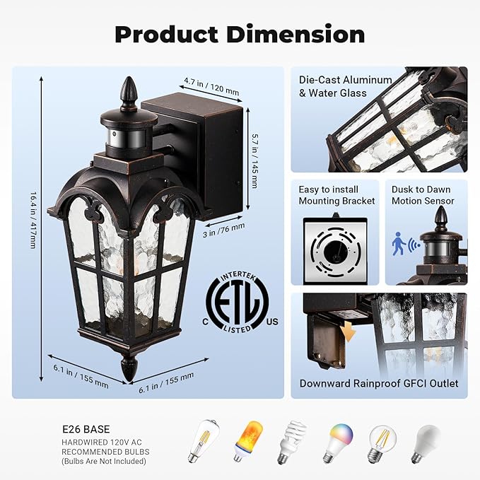 Outside Wall Lights for House with GFCI Outlet, Oil-Rubbed Bronze Motion Sensor Outdoor Lights, Dusk to Dawn Outdoor Lantern Fixture, Anti-Rust Porch Light with Outlet for Garden Front Door