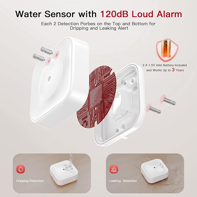 Water Sensor Alarm WiFi, Smart Water Leak Detectors for Home with App Alerts, 150M Wireless Range & Loud 120dB Alarm(2 Water Sensors, 1 Hub, 1 Valve Controller)