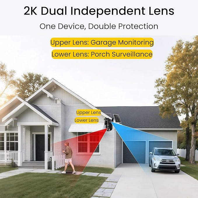 Solar Security Cameras Wireless Outdoor, Dual Lens 2K 360° View Cameras for Home Security, 2.4/5 GHz Wi-Fi, 2-Way Audio, Night Vision, Motion Detection, SD/Cloud Storage, IP65 Outdoor Camera