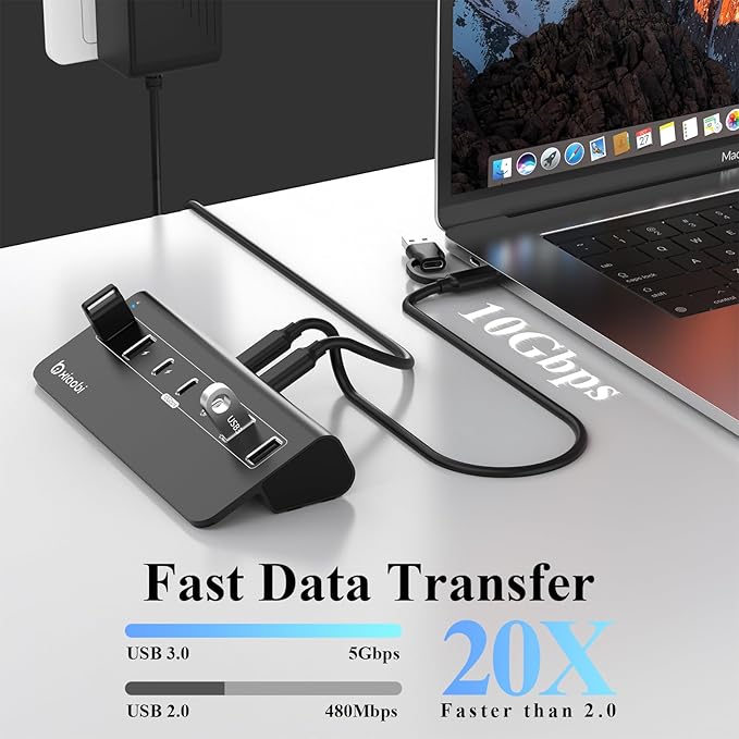 USB C Hub,Powered USB Hub with 5V 3A Power Adapter, 10Gbps USB Splitter with 4 USB-A and 3 USB-C Ports, 7-Port Type C Multiport Adapter for MacBook Air/Pro, iPhone 16/15, Laptop and More(Black)