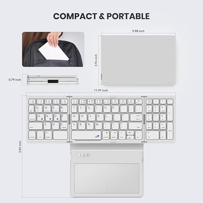 Foldable Bluetooth Keyboard, Portable Full Size Folding Keyboard with Large Touchpad, Numeric Keypad, PU Leather, Wireless TravelKeyboard for Windows Android Mac(White)