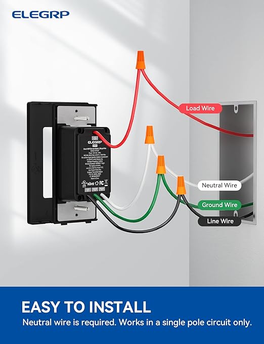 ELEGRP Smart Dimmer Light Switch DTR10, Single Pole Setup, 2.4GHz Wi-Fi Touch Dimmer Compatible with Alexa and Google Assistant, Needs Neutral Wire, No Hub Required, UL&FCC Listed, Black, 6 Pack
