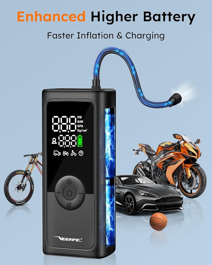 VEEAPE Tire Inflator Portable Air Compressor, 6X Faster Cordless Car Tires Air Pump with Auto-Shutoff Digital Pressure Gauge LED Light Portable Air Pump Tire Inflator for Car, Bike, Motorcycle, Ball
