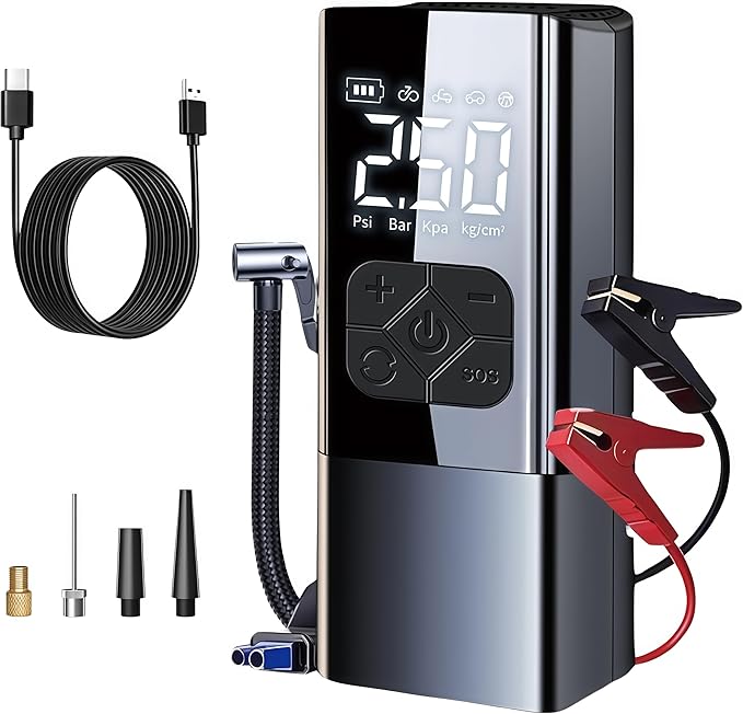 Tire Inflator Portable Air Compressor with Jump Starter - 150PSI & 8000mAh Car Battery Jump Starter with Tire Pressure Gauge,Electric Air Pump for Car Tires,Motorcycle,Bike, Balls