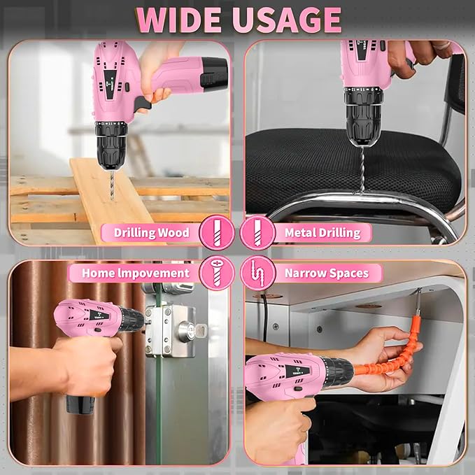 Cordless Drill Set,12V Power Drill Set with Battery and Charger, Electric Driver Drills Bits, 3/8'' Keyless Chuck,18+1 Torque Setting with LED Electric Drills Set, Pink