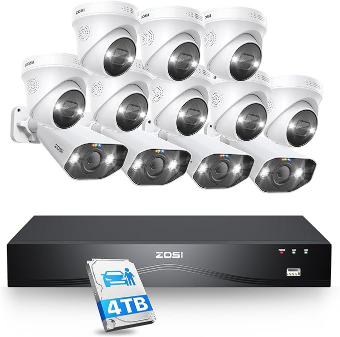 ZOSI 4K PoE Security Camera System,Person Vehicle Detection,2 Way Audio,Sound&Light Siren,Dual Disk Backup,12pcs 4K Spotlight Outdoor PoE Cameras,4K 16 Port 24CH NVR with 4TB HDD for 24/7 Recording
