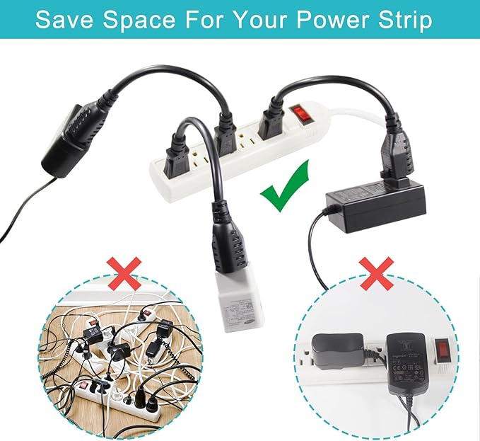 [6 Pack] Short 3 Prong Power Extension Cord - 6inch Black Mini Indoor Grounded Extension Cord,16AWG Small Electrical AC Extension Cord for Outlet Saver,Rated for 13AMP Home Appliance Extender Lead
