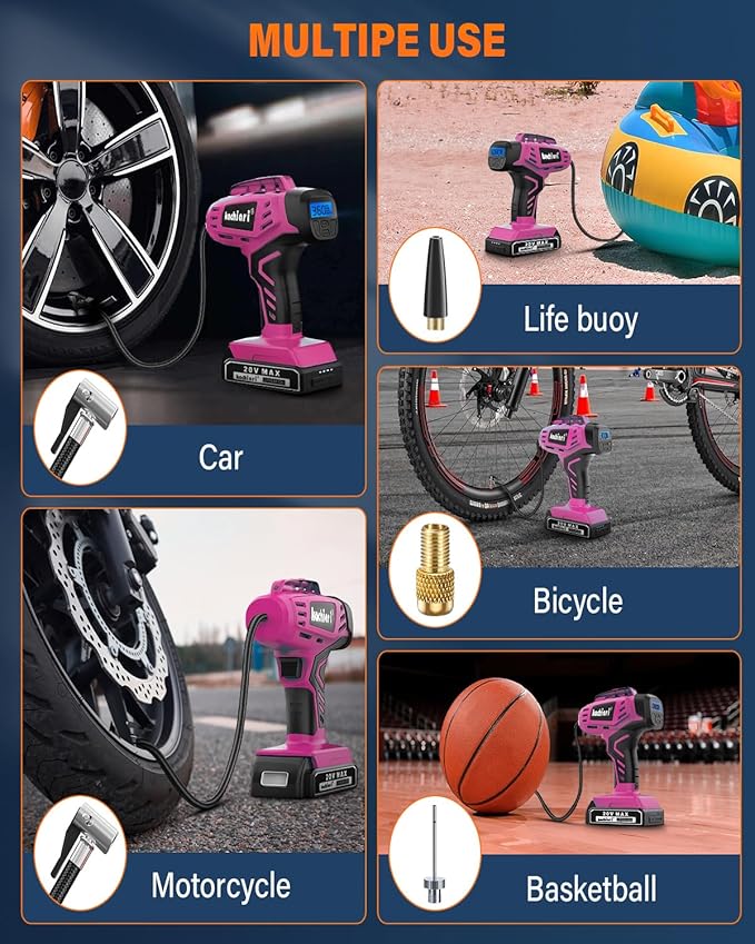 Tire Inflator Portable Air Compressor, 20V Cordless Car Tire Pump, Rechargeable Battery Powered Air Compressor w/12V DC Adapter Pink