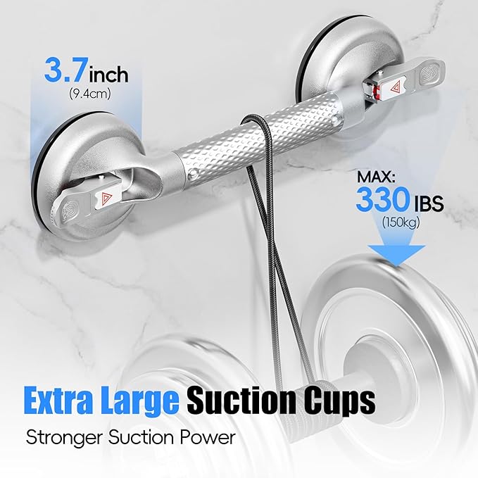 17 Inch Upgrade Strong Suction Grab Bars for Bathtubs and Showers, Seniors Handles for Elderly Handicap Safety Handrail for Bathroom Toilet Tiles Glass Silver