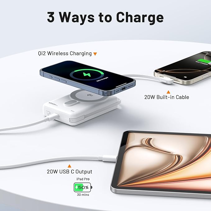 Magnetic Portable Charger 10,000mAh Qi2 Certified 15W Fast Charging Wireless Power Bank, Magsafe Battery Pack with Foldable Stand, PD20W USB C Built in Cable, for iPhone 16/15/14/13/12 Series