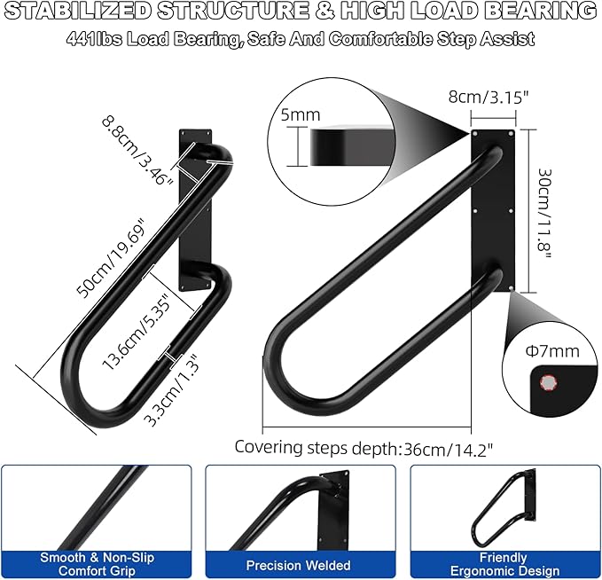 Jamb Mount Handrails for Outdoor Steps-1-2 Step Waterproof Stairs Railing-Powder Coated Side Mount Hand Rails for Indoor Stairs-Non-Slip Staircase Grab Rail for Deck/Porch/Mobile Home/Short Stairway