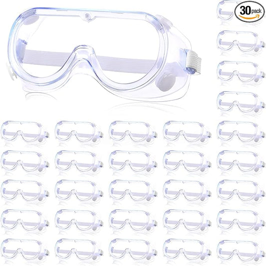 Yunsailing 30 Pack Protective Safety Goggles Clear Lab Over Glasses Anti Fog Eye Protection Goggles for Men Women(Clear White)