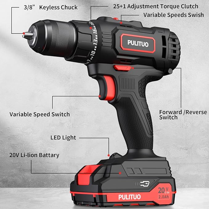 PULITUO Cordless Drill Set, 20V/2.0Ah Electric Power Drill, Torque 45N.m, 25+1 Torque Setting,1/2” Keyless Chuck, 2 Variable Speed Setting, with 43 PCS Bits, Storage Bag