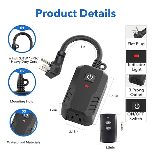 BN-LINK Outdoor Remote Control Outlet Plug Black,Indoor Wireless Outlet Switch Weatherproof Heavy Duty 15A 3-Prong 6-inch Cord 100Ft Range (Battery Included)