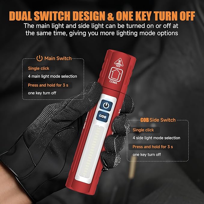 Rechargeable Tactical Flashlights High Lumens - Super Bright Small Powerful LED Magnetic USB C Flashlight, 8 Modes, Dual Button Waterproof Pocket Flash Light for Emergency, Car (1, Red)