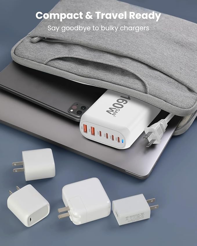 GEEKERA USB C Charger, 160W 6-Port Fast Charging Station with 4 C + 2 A, Portable Multiport Charging Wall Block Hub for iPhone 16 15 14 13 12 iPad Pro MacBook Samsung Galaxy Pixel Switch