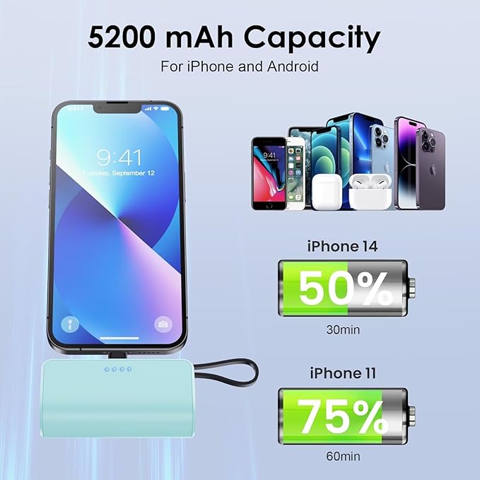 Mini Portable Charger Power Bank for iPhone with Built-in Type-C Cable,5200mAh PD Fast Charging Battery Pack,Compact Phone Charger for iPhone 16/15/14/13/12/11/X/8/7/6,Green
