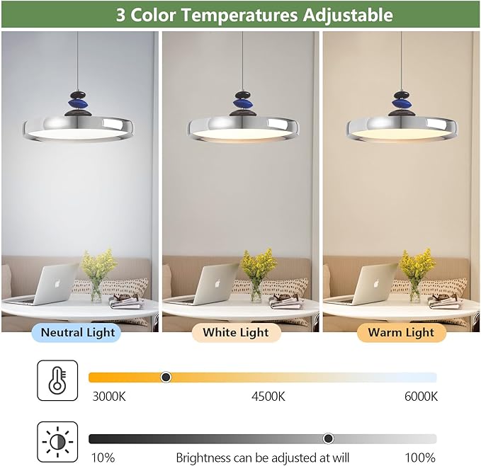 Modern Pendant Lights,Chrome 16" LED Pendant Lighting Fixture with Remote Control Dimmable 3 Color Mode & Brightness, Adjustable Hanging Lamp for Kitchen Dining Room Bedroom Kitchen Island