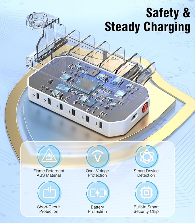 𝟐𝟎𝟐𝟓 𝐔𝐩𝐠𝐫𝐚𝐝𝐞𝐝 Charging Station for Multiple Devices【Smart IC Tech & Adjustable Dividers】 6-Port USB Charging Dock Compatible w/iPhone/Android/MacBook/Tablet/Kindle & Other Electronic