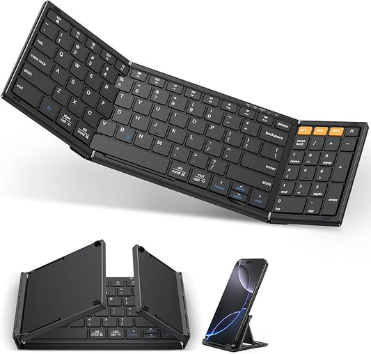 OMOTON Foldable Bluetooth Keyboard Supports Up to 3 Devices, Rechargeable Wireless for iPad iOS Android Tablet MacOS Windows Laptop PC, Full Size Folding Travel Keyboard