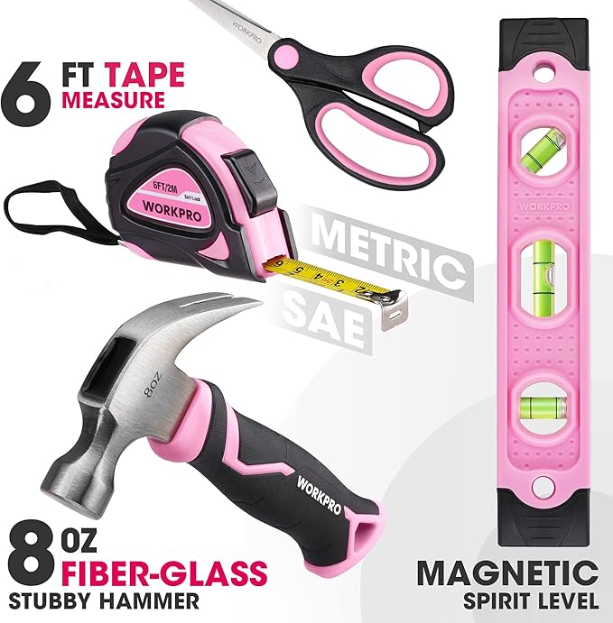 WORKPRO Pink Real Tool Set for Kids with 12 Inch Mini Steel Tool Box with Wheels, 10PCS Kids Real Tools with 2 Drawers Desk Metal Rolling Tool Chest, Children's Tool Kit for Home DIY- Pink Ribbon